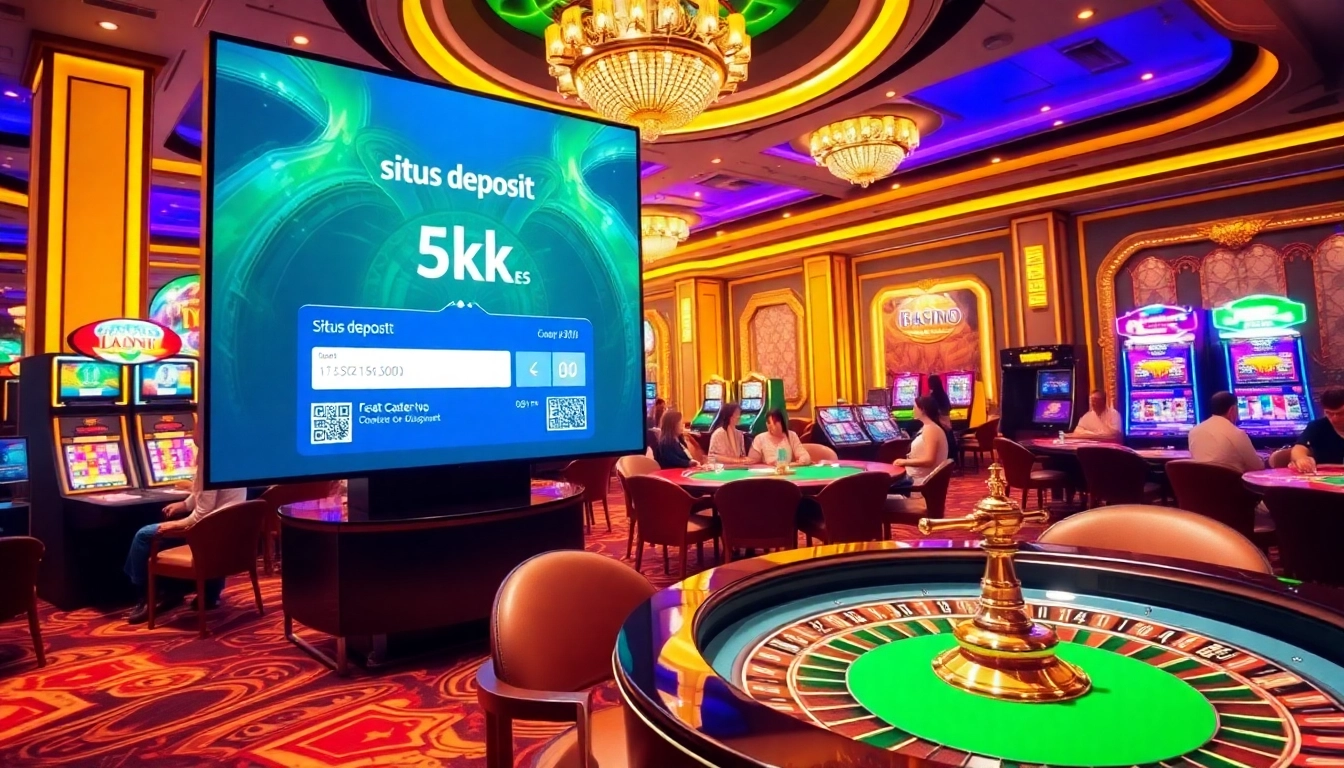Exciting casino atmosphere featuring situs deposit 5k options with players at slot machines.