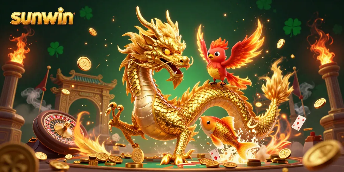 Engage with sunwin in a vibrant casino scene featuring a golden dragon and phoenix amidst coins.