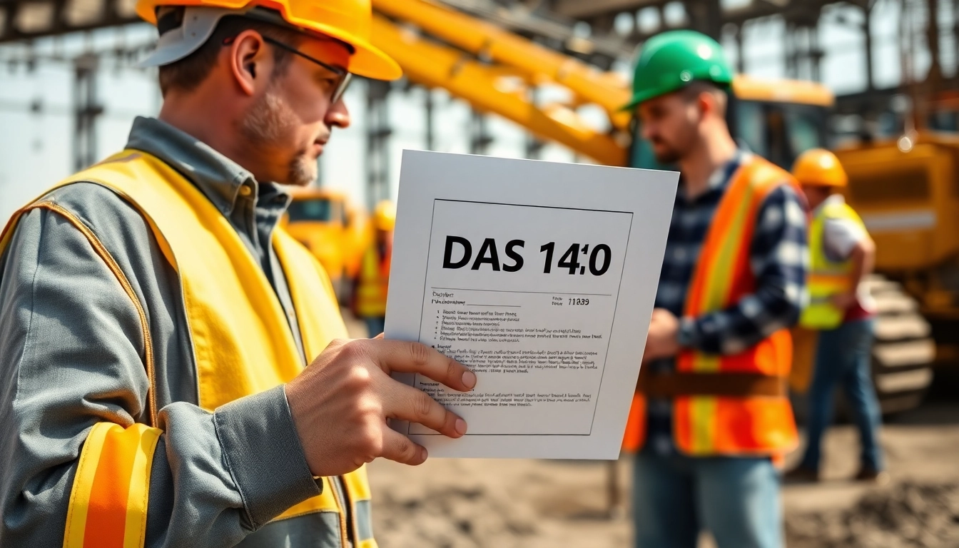 Contractor discussing das 140 form at a construction site, highlighting compliance.
