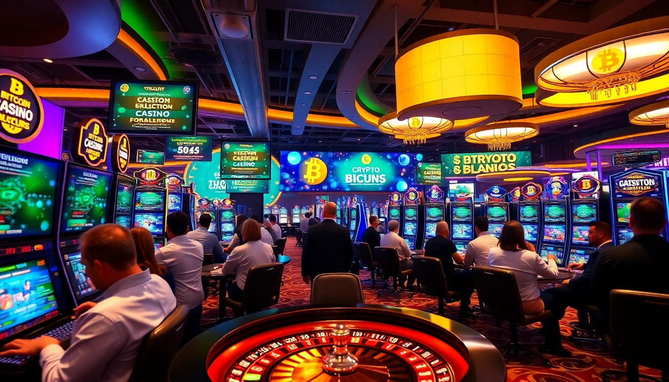 Experience the excitement of a bitcoin casino with players enjoying diverse games and bright bonuses.