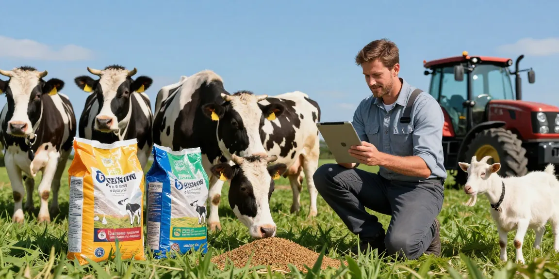 Farmer using tablet to manage rokok88 livestock feed in a vibrant pasture.