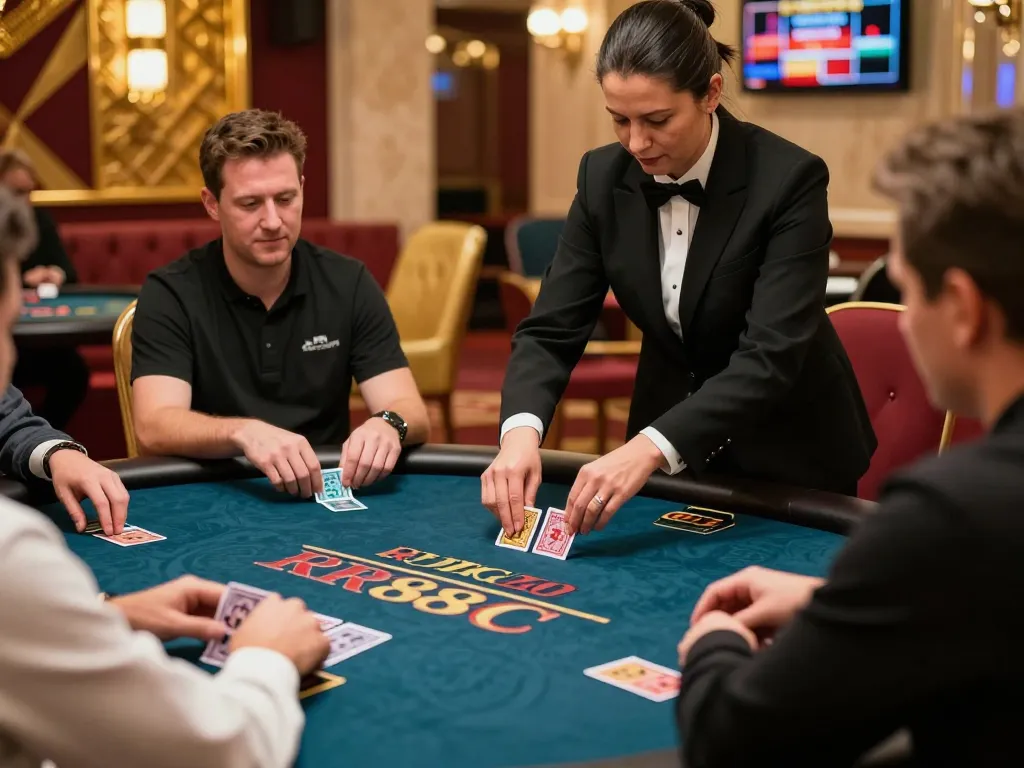 A thrilling moment at RR88C live blackjack table with engaged players and professional dealer