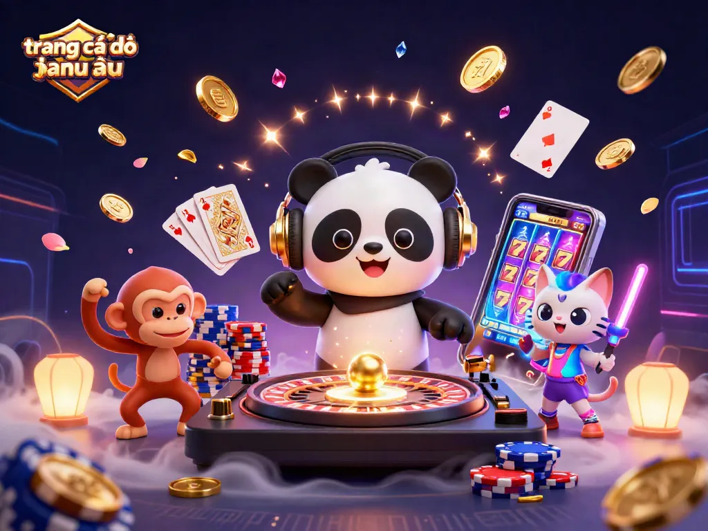 Hình ảnh thể hiện trang cá độ bóng đá châu âu với DJ panda và các nhân vật vui nhộn tại sòng bạc