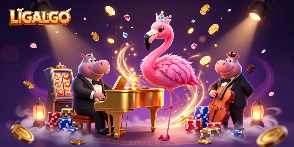 LIGALGO showcases vibrant gaming action with cascading coins and colorful characters in a lively casino atmosphere.