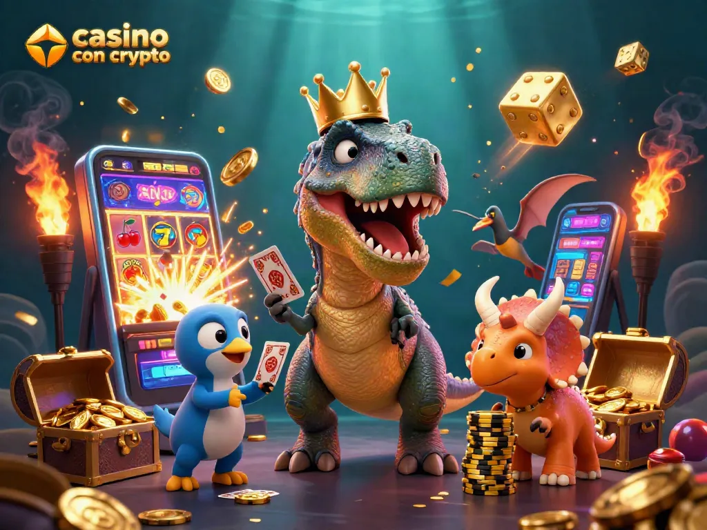 Gioca nei migliori casino con crypto nel 2026 con un T-Rex e pterodattilo tra luci e oro.
