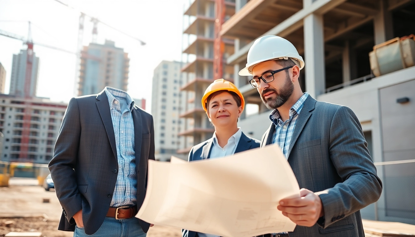 Engaging professionals in construction design services collaborating over plans at a vibrant construction site.