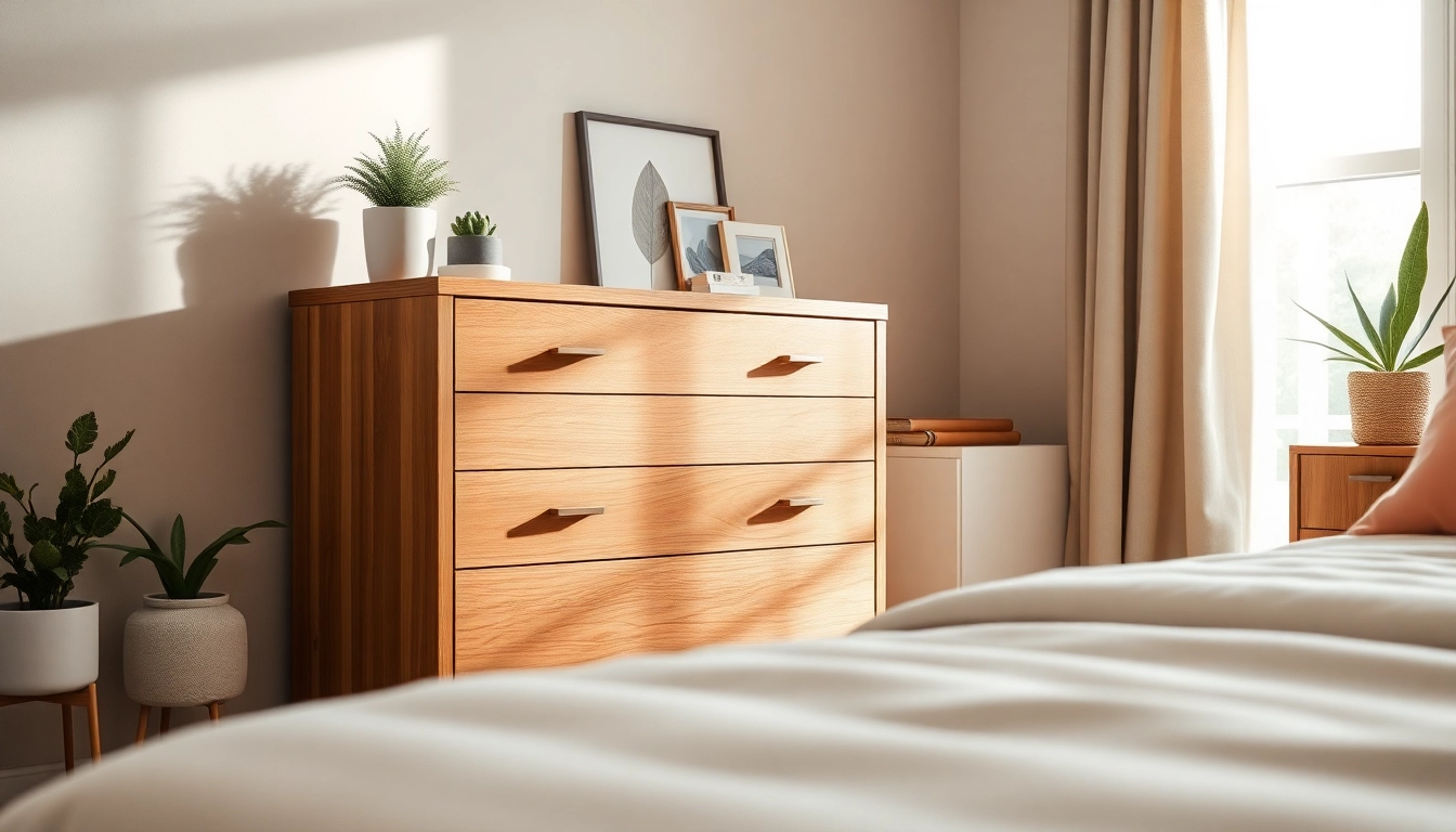 Stylish chest of drawers enhancing a modern bedroom's ambiance with cozy decor.