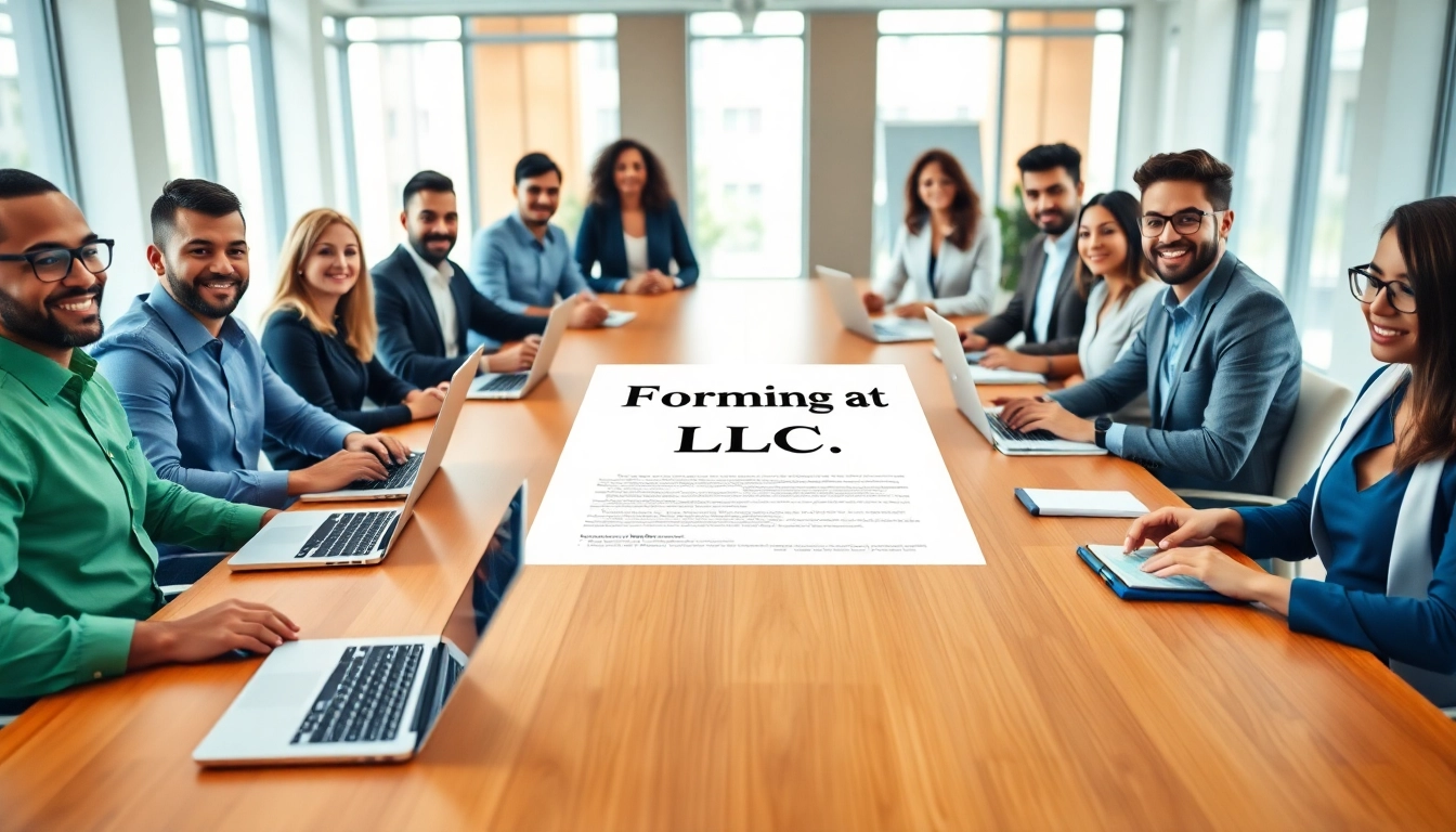 Team engaged in Forming an LLC with documentation on a stylish conference table.