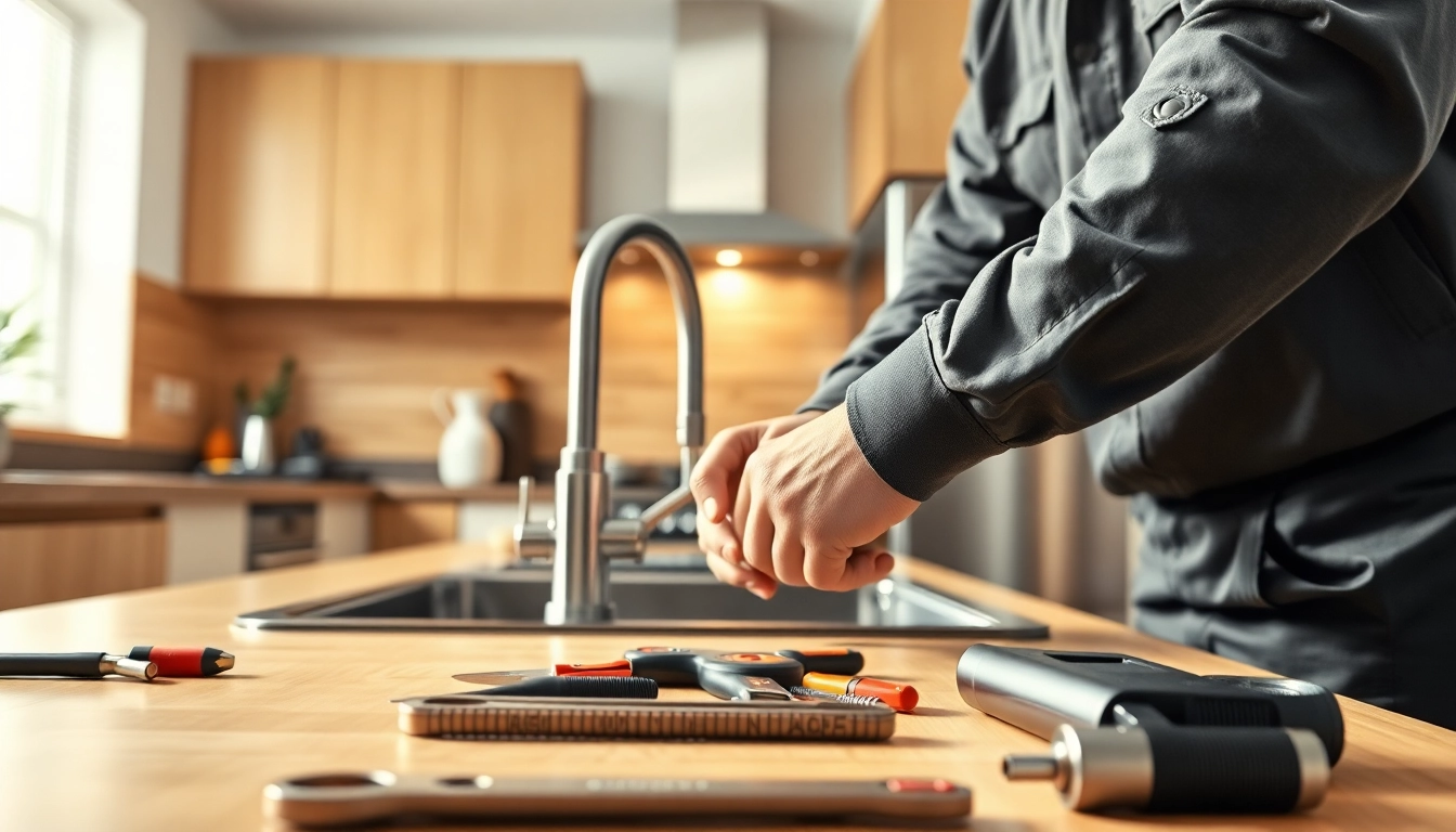 Plumber near me performing a kitchen sink installation with professional tools.