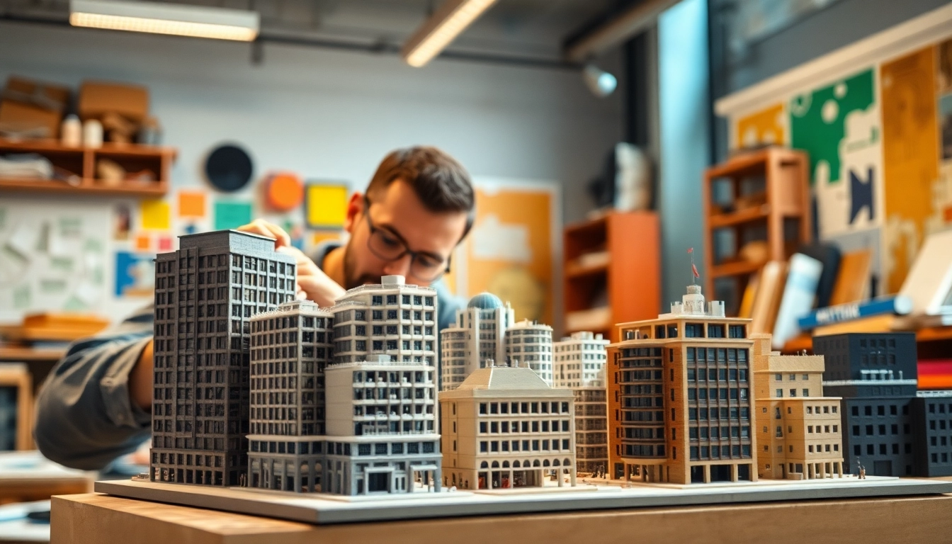 Architekturmodellbau Wuppertal in einem modernen Werkstattsetting mit präzisen Miniaturmodellen.