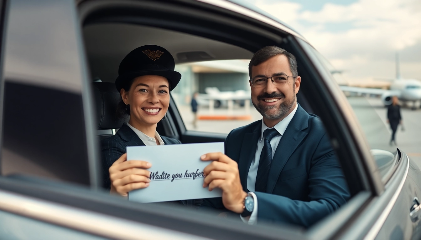 Chauffeur offering Private Airport Transfers at the airport with a warm smile and personalized sign.