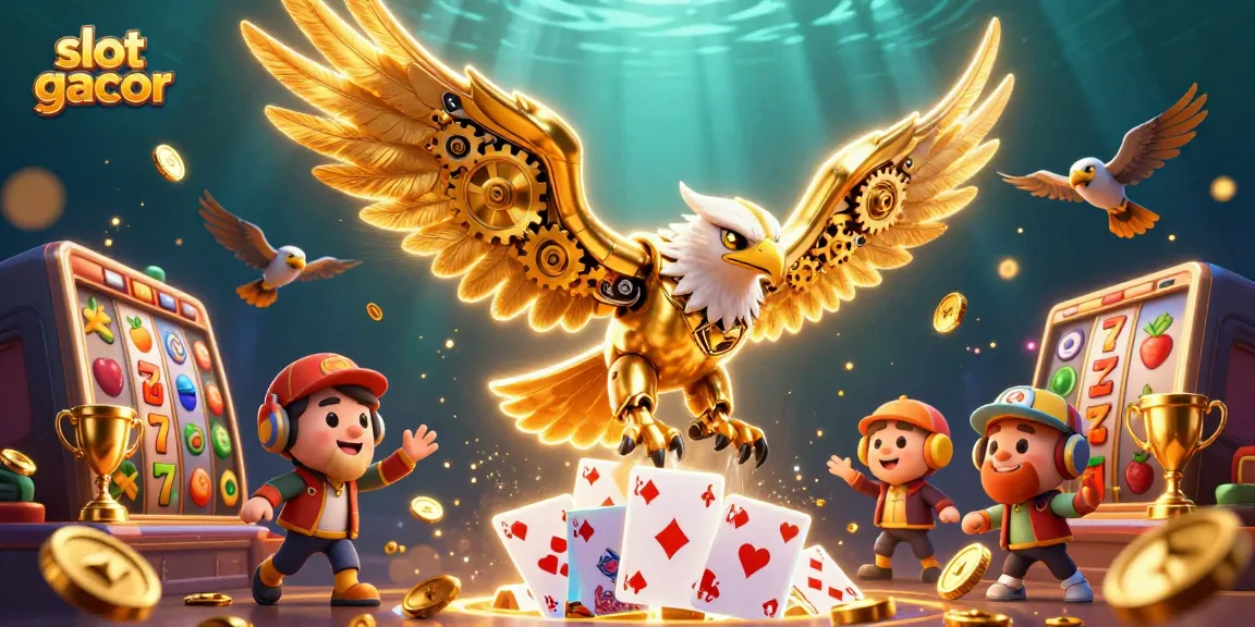 Experience the thrill of slot gacor with a golden eagle navigating a vibrant jackpot landscape