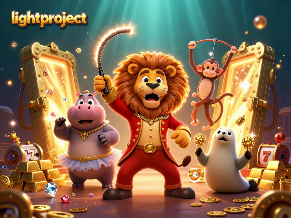 The lightproject showcases a vibrant 3D circus scene featuring a lion and friends amidst golden treasures and slot elements.