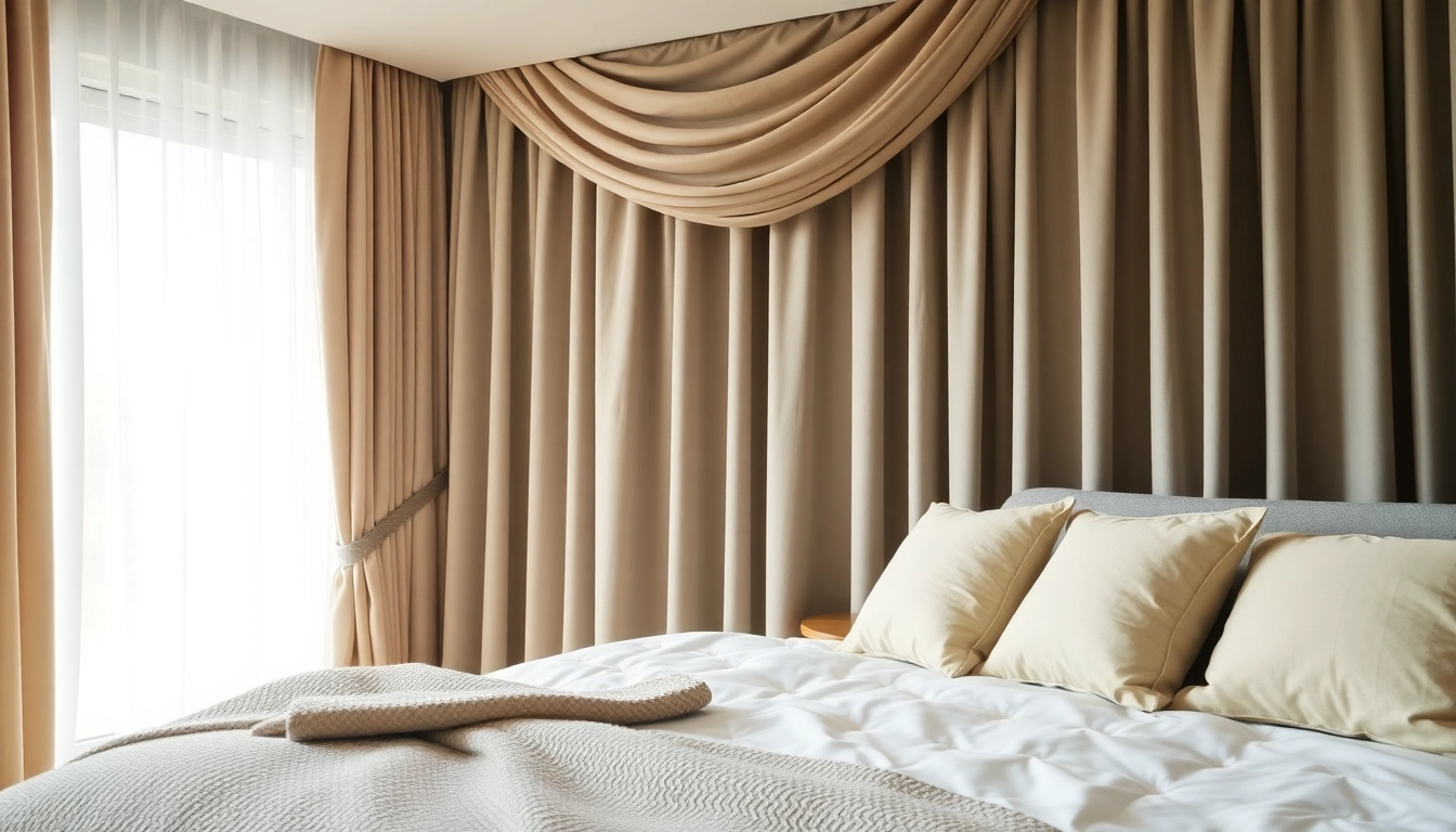 Verduisterende gordijnen in een stijlvolle slaapkamer creëren een gezellige en rustige sfeer.