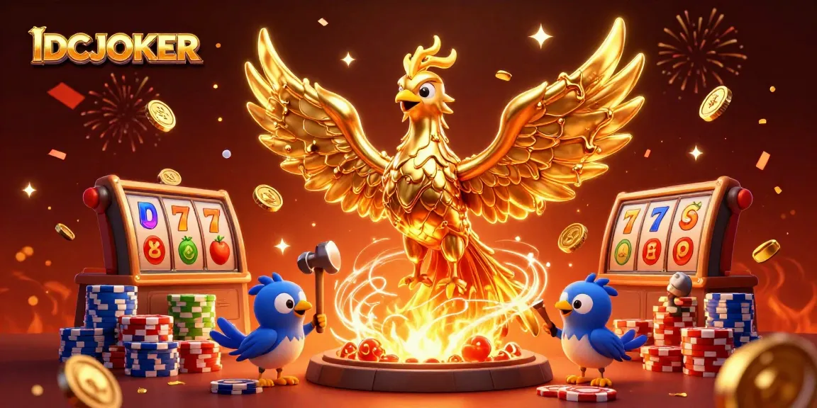 IDCJOKER slots adventure featuring a molten golden phoenix and vibrant casino elements.