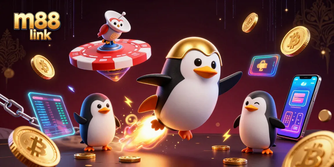 Engage with m88 link as the golden penguin flies towards a vibrant casino space station.