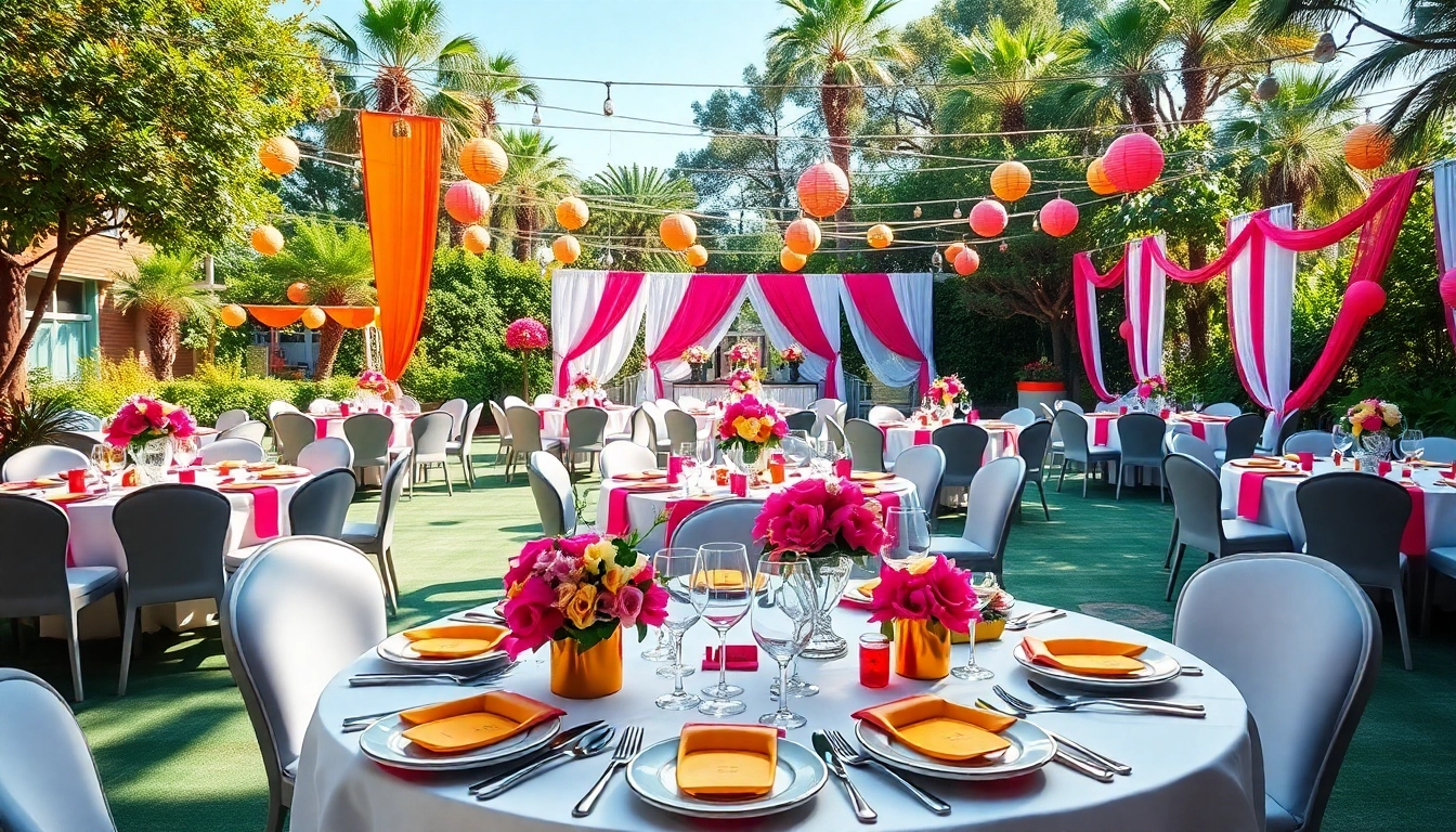 Stunning outdoor event setup showcasing Event Rentals Las Vegas with elegant tables and vibrant decorations.