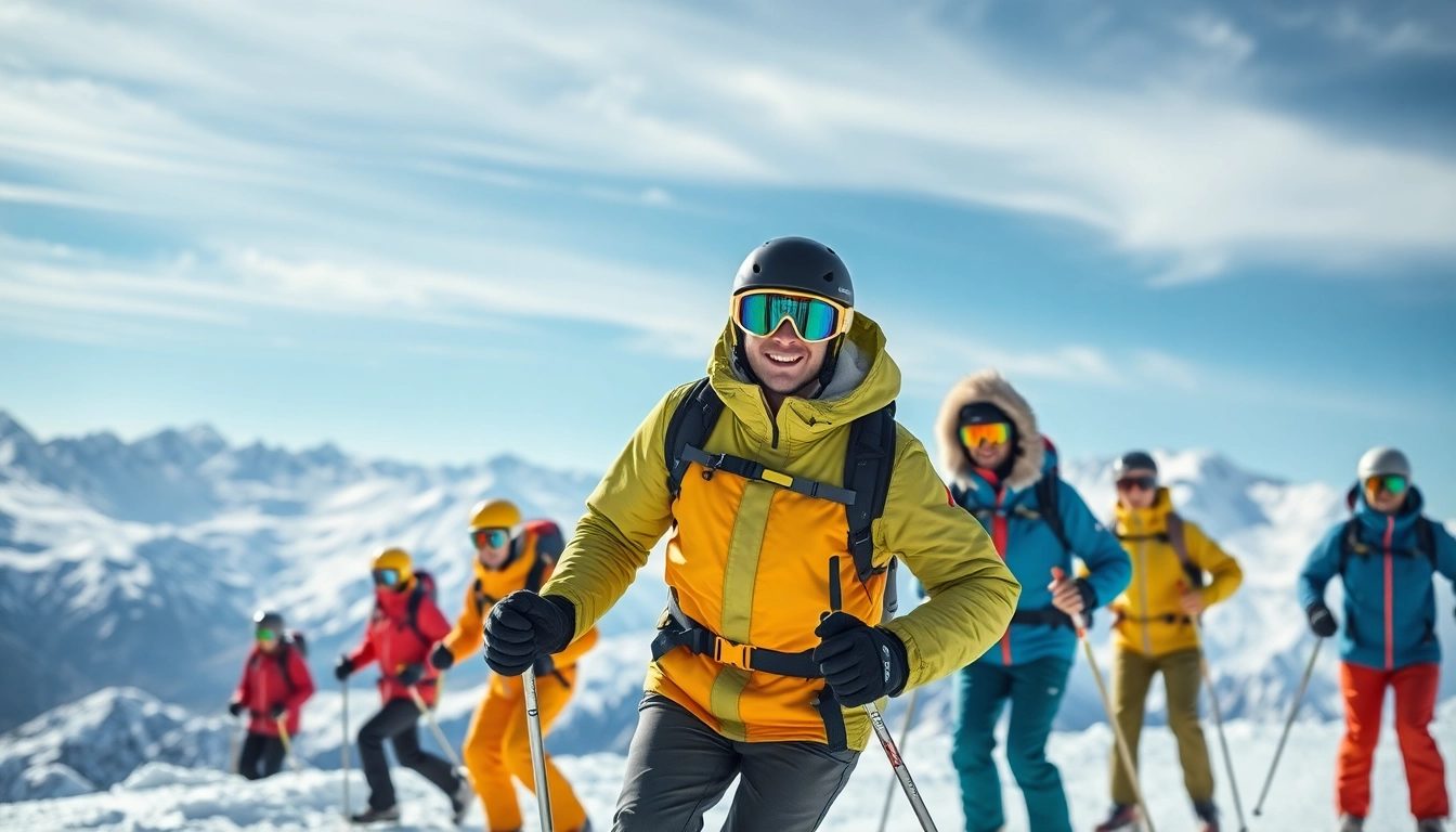 Experience exhilarating skiing moments with HELLY HANSON gear in a snowy mountain landscape.