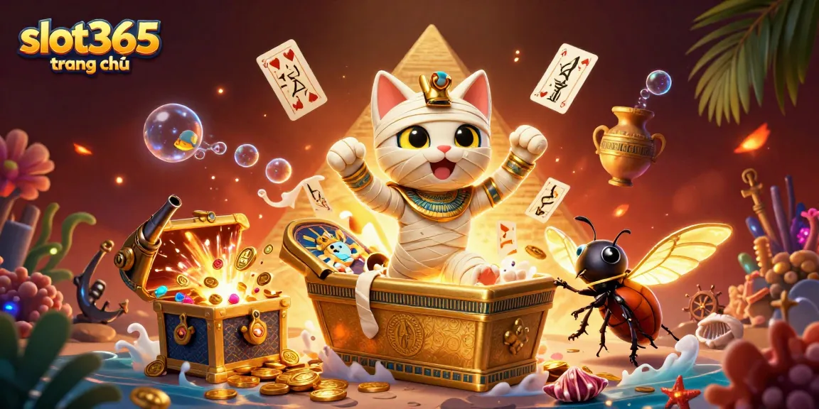 Discover exciting gameplay at slot365 trang chủ with a captivating 3D illustration featuring vibrant golden elements and colorful gems.