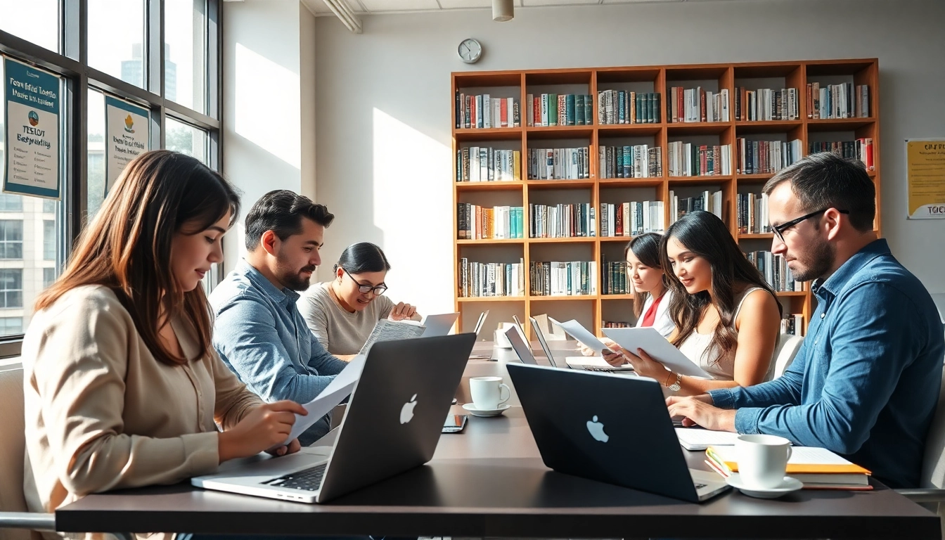 Engaged TOEIC test takers for hire reviewing materials in a bright, professional office