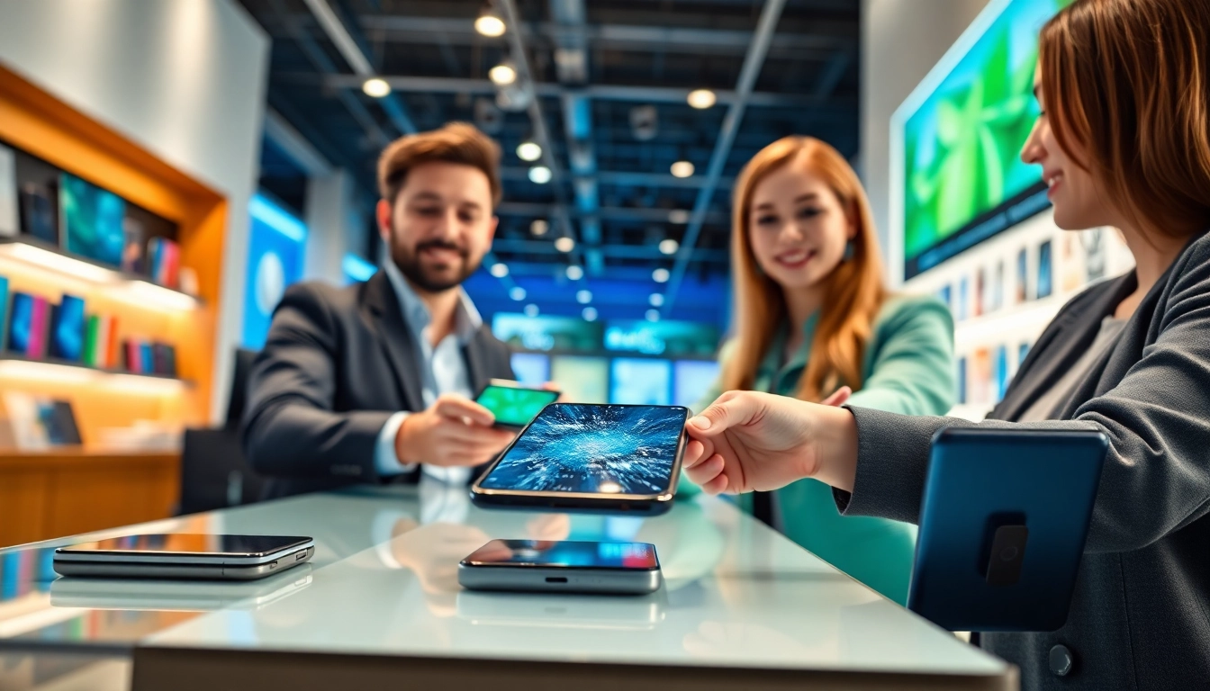 Sell phone fast cash through a modern transaction at a vibrant electronics store, showcasing smartphones.