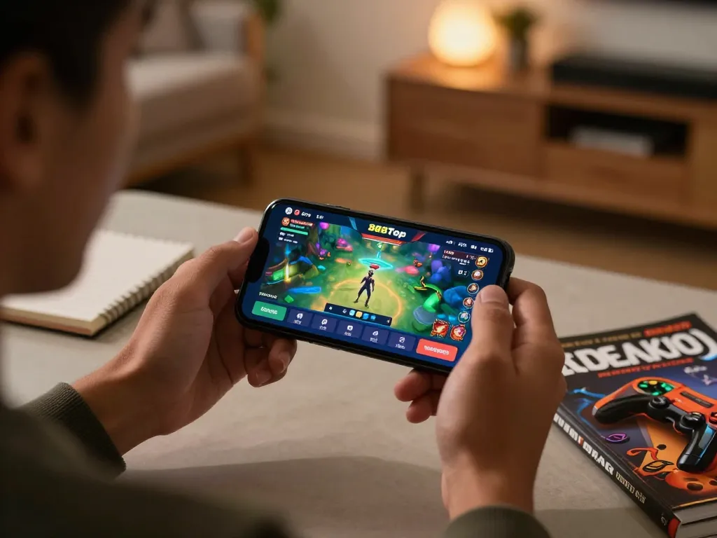 Engaged player on 888top app, enjoying an online gambling experience in cozy home setting.