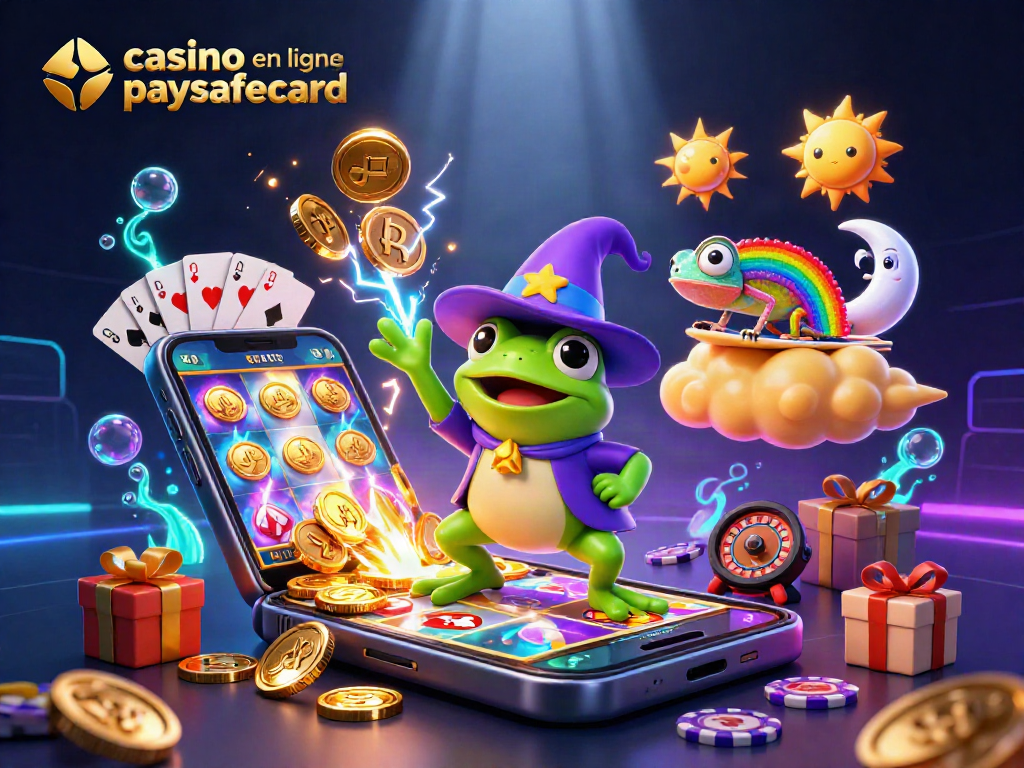 Jouez au casino en ligne paysafecard avec cette illustration dynamique d’un magicien grenouille et un caméléon.