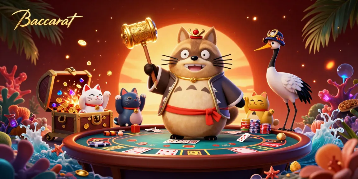 Baccarat players engaging with a lively 3D scene featuring festive characters and casino elements like cards and chips.
