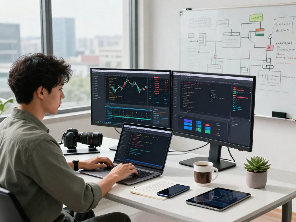 Developer coding on laptop with Asian stock index API data visualization in a modern workspace