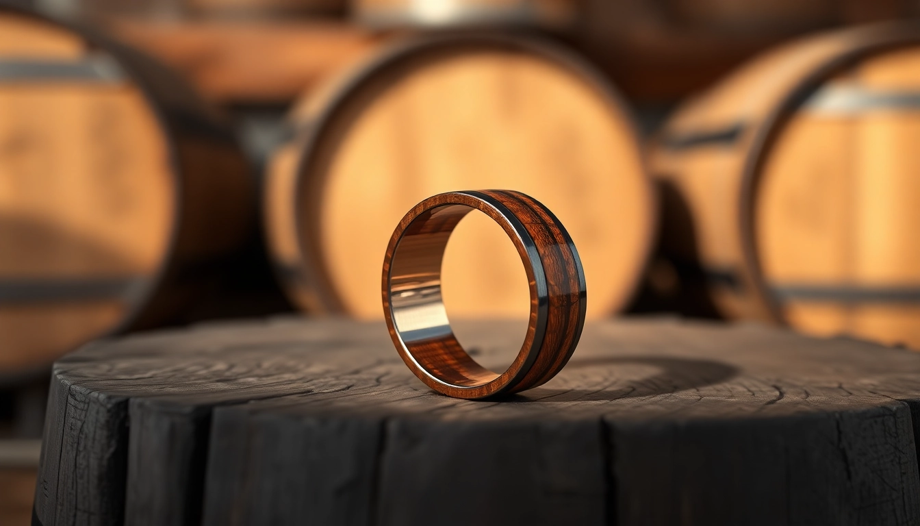 Showcasing Whiskey Barrel Wedding Bands on a rustic surface with highlighted wood grain textures.