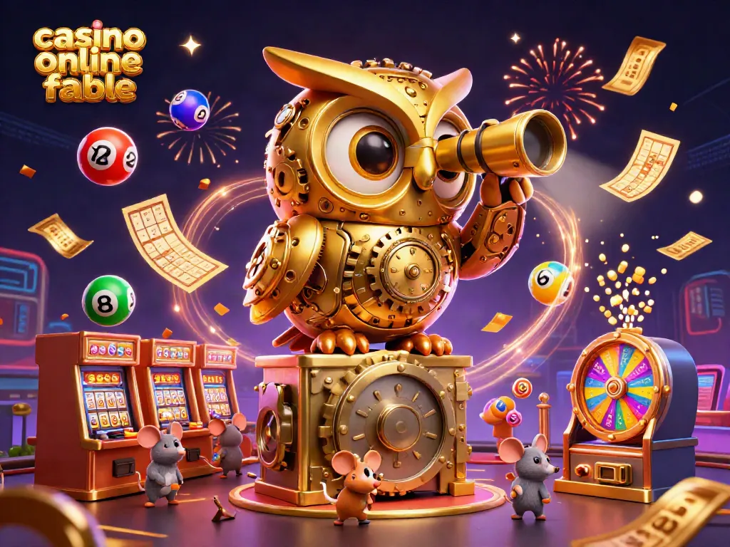Disfruta de un emocionante casino online fiable con una ilustración de un búho mecánico y ratones entre máquinas tragamonedas.
