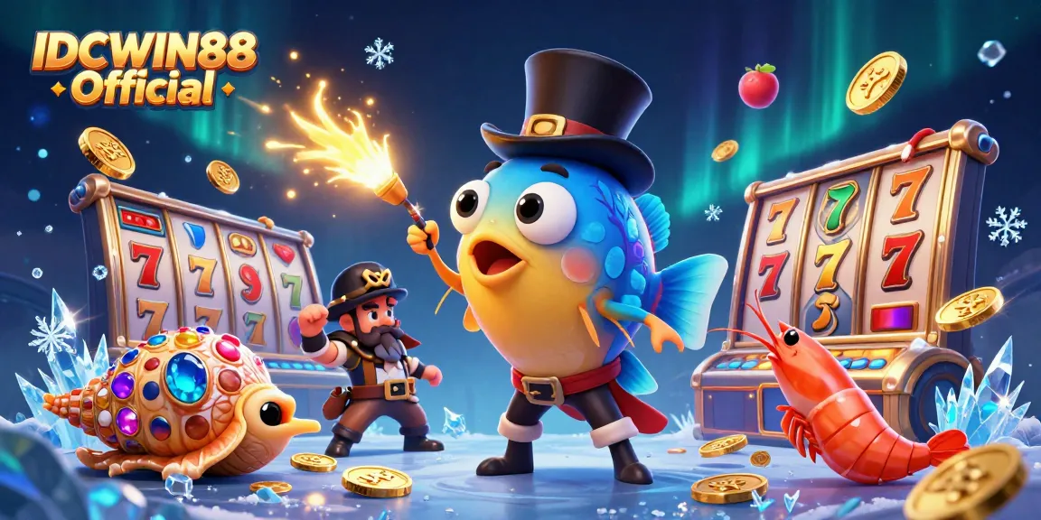 Play slots and win big with IDCWIN88 Official, featuring a vibrant deep-sea casino scene with engaging characters.