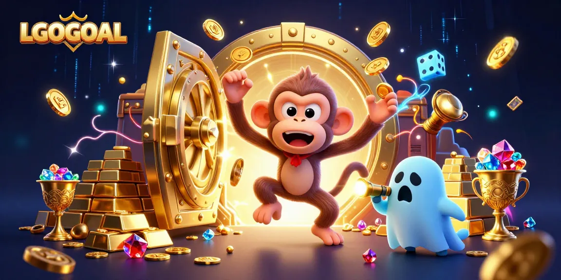 Experience the excitement of LGOGOAL with a playful poltergeist monkey and a puppy in a vibrant casino scene.