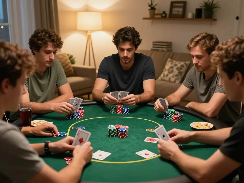 Friends strategizing in a poker game while discussing hidden wiki status and safe online practices.