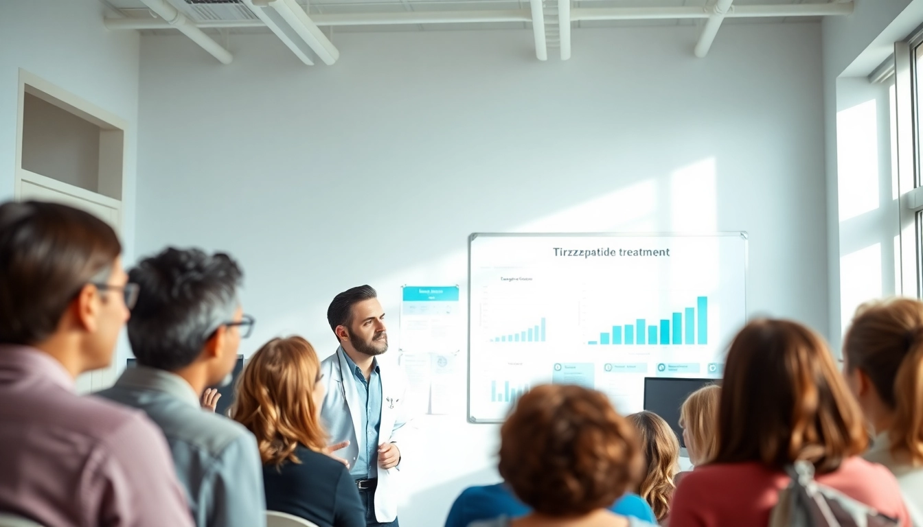 Tirzepatide consultation with a healthcare professional and active patients in a clinic setting.