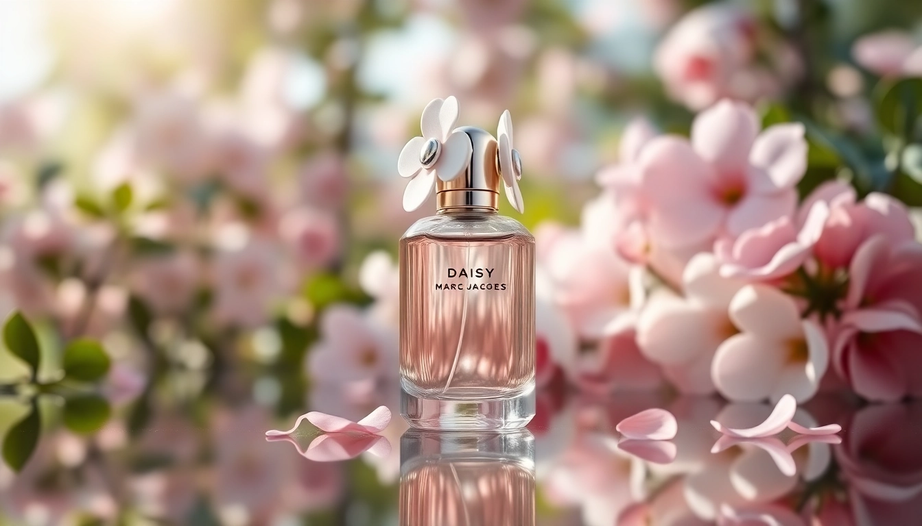 Admiring Daisy Marc Jacobs Eau de Toilette showcased with pastel flowers and garden backdrop.