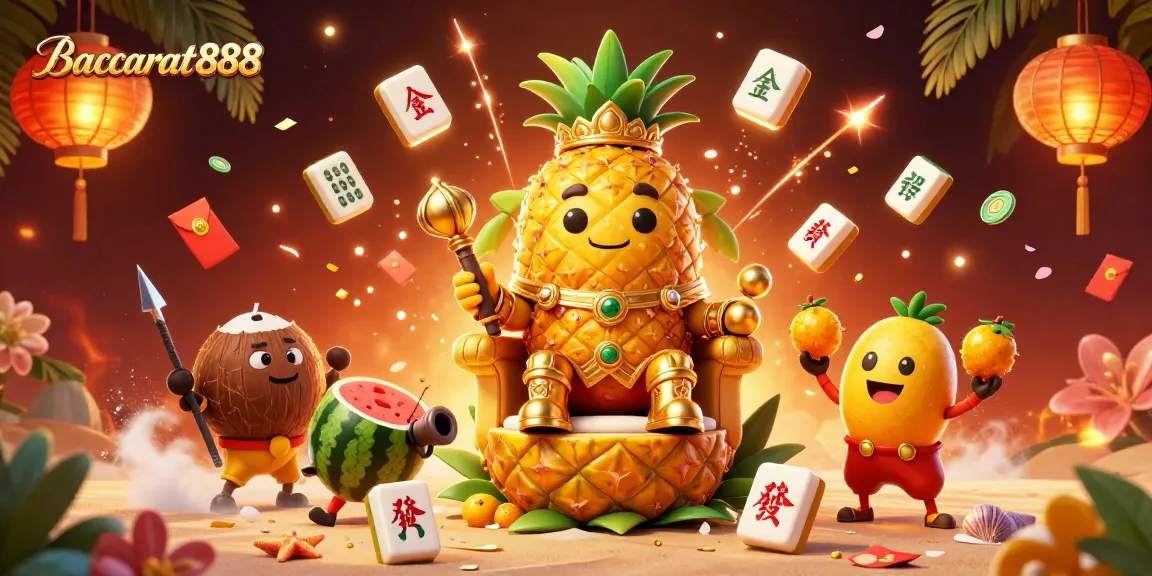 Engage with Baccarat888's vibrant world featuring a cartoon pineapple king and playful elements.