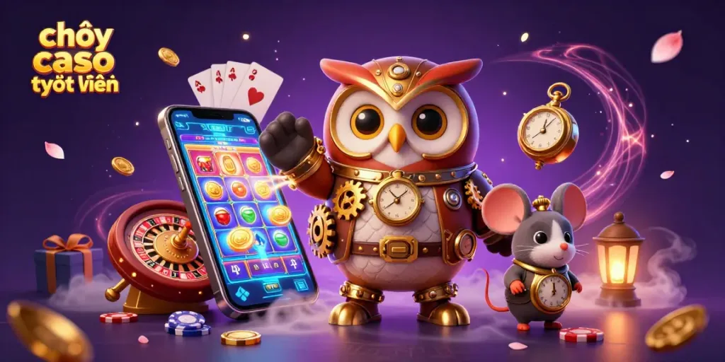 Chơi casino trực tuyến với chú cú thời gian và bạn đồng hành trong một cảnh chơi game sống động.