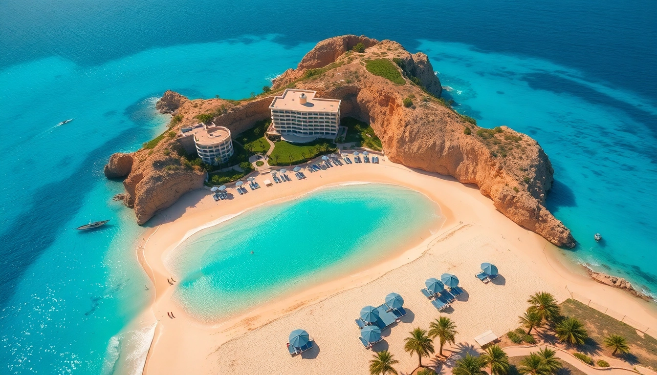 Cabo trip planner visualizes an aerial view of Cabo San Lucas's stunning beach and resorts.