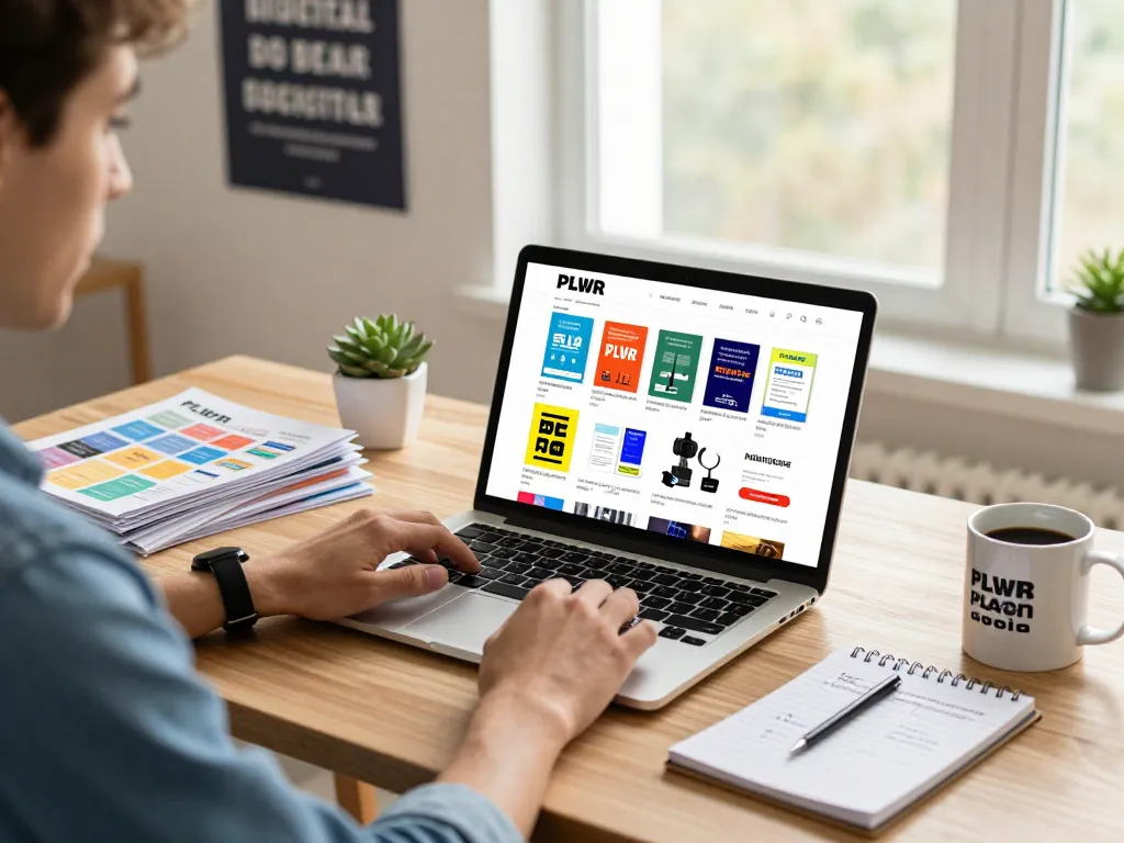 Engaged entrepreneur reviewing PLR digital products for sale in a stylish home office.