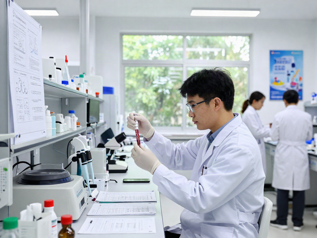 Ipamorelin research sup being analyzed in a bright laboratory, showcasing peptide solutions and collaborative discussions