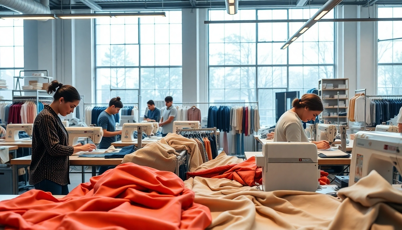 Clothing Manufacturer For Startups showcasing artisans crafting high-quality garments in a modern workshop.