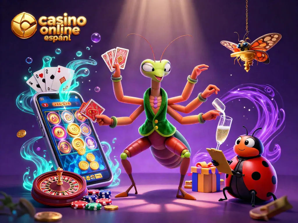 Ilustración de un casino online español con un mantis orador y una mariquita gestionando juegos de azar.