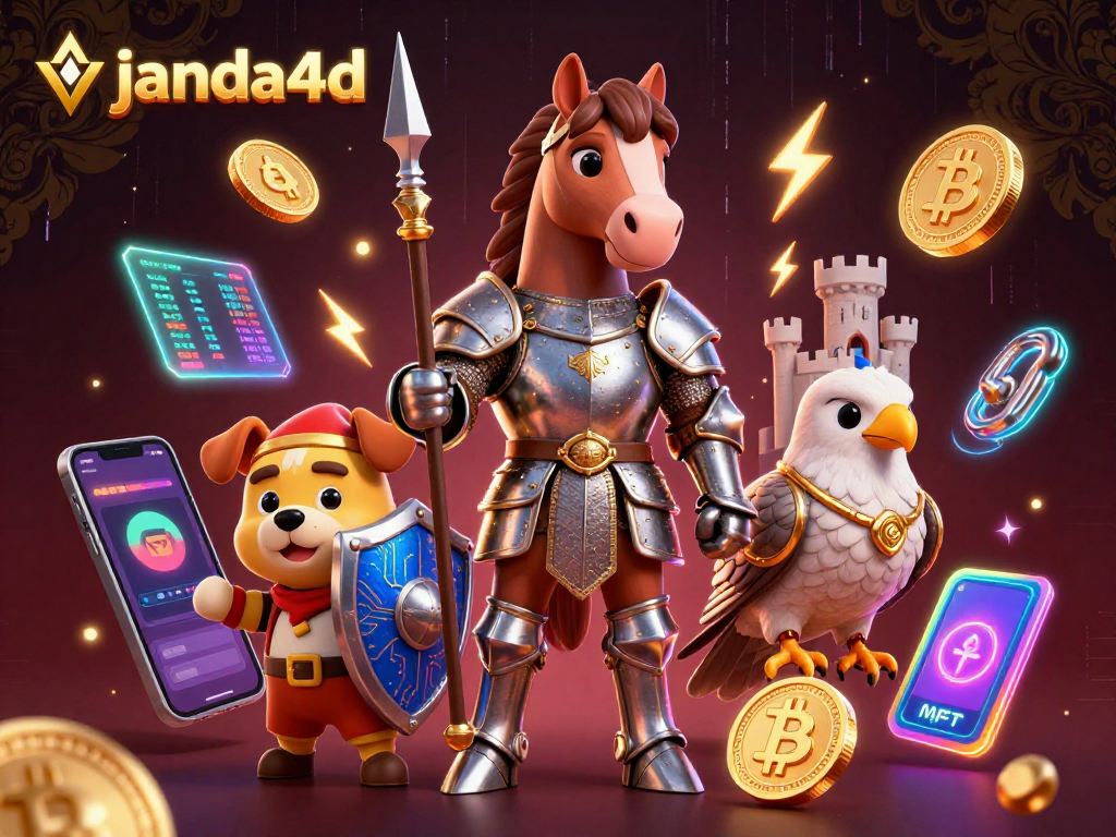 Permainan slot janda4d dengan petualangan ksatria dan hewan peliharaan seperti falcon dalam suasana kasino digital.