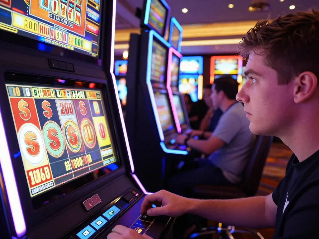 Player engaged at a slot 200 machine with intense focus and vibrant casino atmosphere
