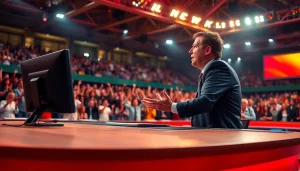 스포츠중계에서 활기찬 중계를 하는 모습과 열정적인 관중들