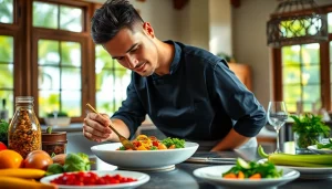 St Martin Private Chef preparing a gourmet meal in a tropical villa kitchen, showcasing culinary artistry.