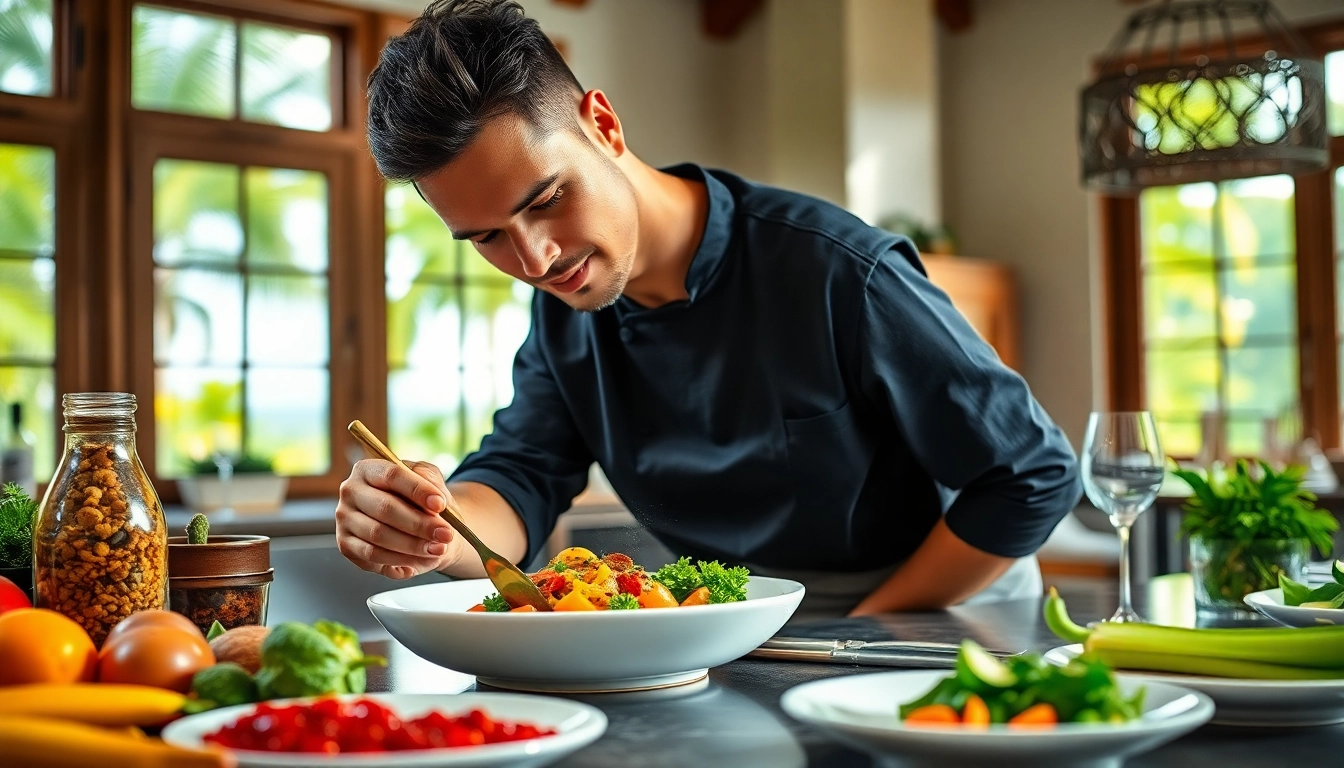 St Martin Private Chef preparing a gourmet meal in a tropical villa kitchen, showcasing culinary artistry.