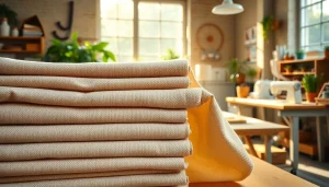 Ongebleekt katoen rol in een lichte werkplaats met natuurlijke textuur en zachte kleuren.