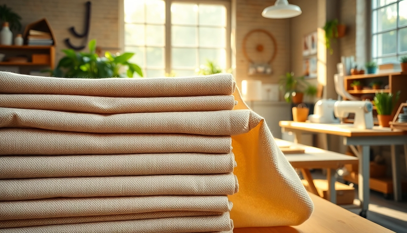 Ongebleekt katoen rol in een lichte werkplaats met natuurlijke textuur en zachte kleuren.